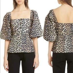 Ganni Leopard Print Puff Sleeve Blouse